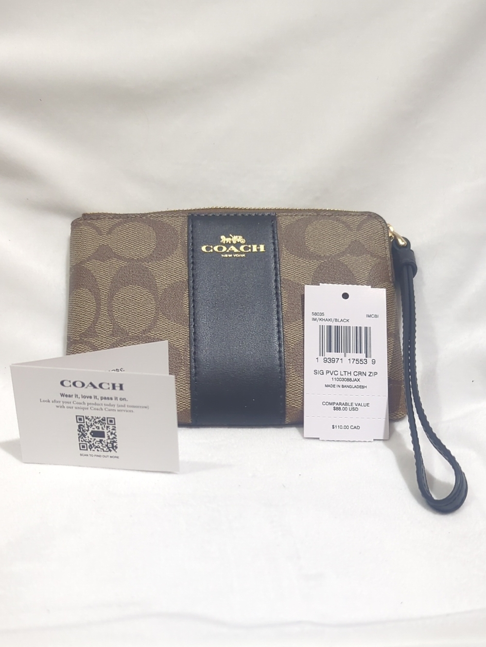 Coach Brown Signature Canvas Wristlet with Black Leather Stripe